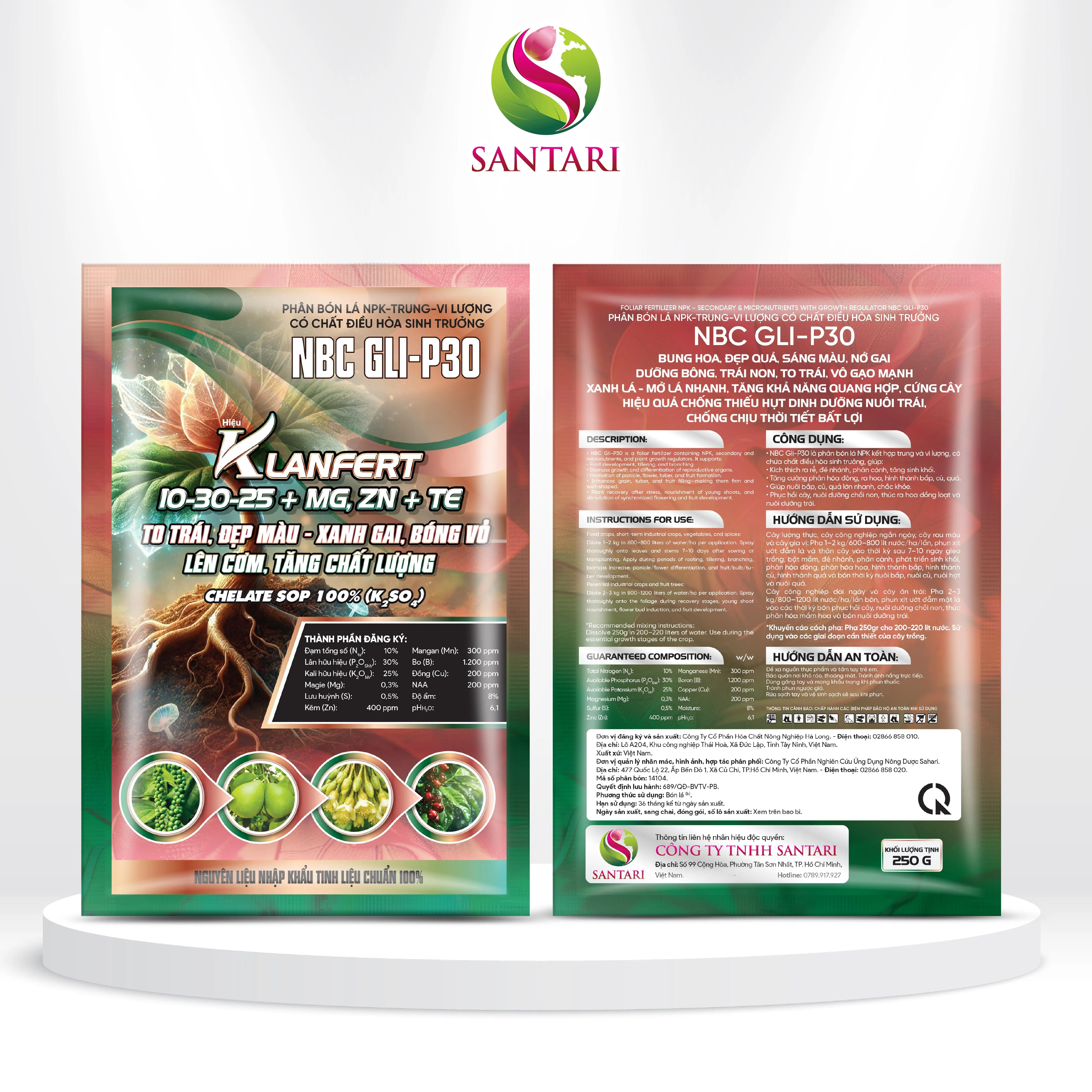 PHÂN BÓN LÁ NPK-TRUNG-VI LƯỢNG CÓ CHẤT ĐIỀU HÒA SINH TRƯỞNG NBC GLI-P30 HIỆU KLANFERT 10-30-25+MG, ZN+TE
