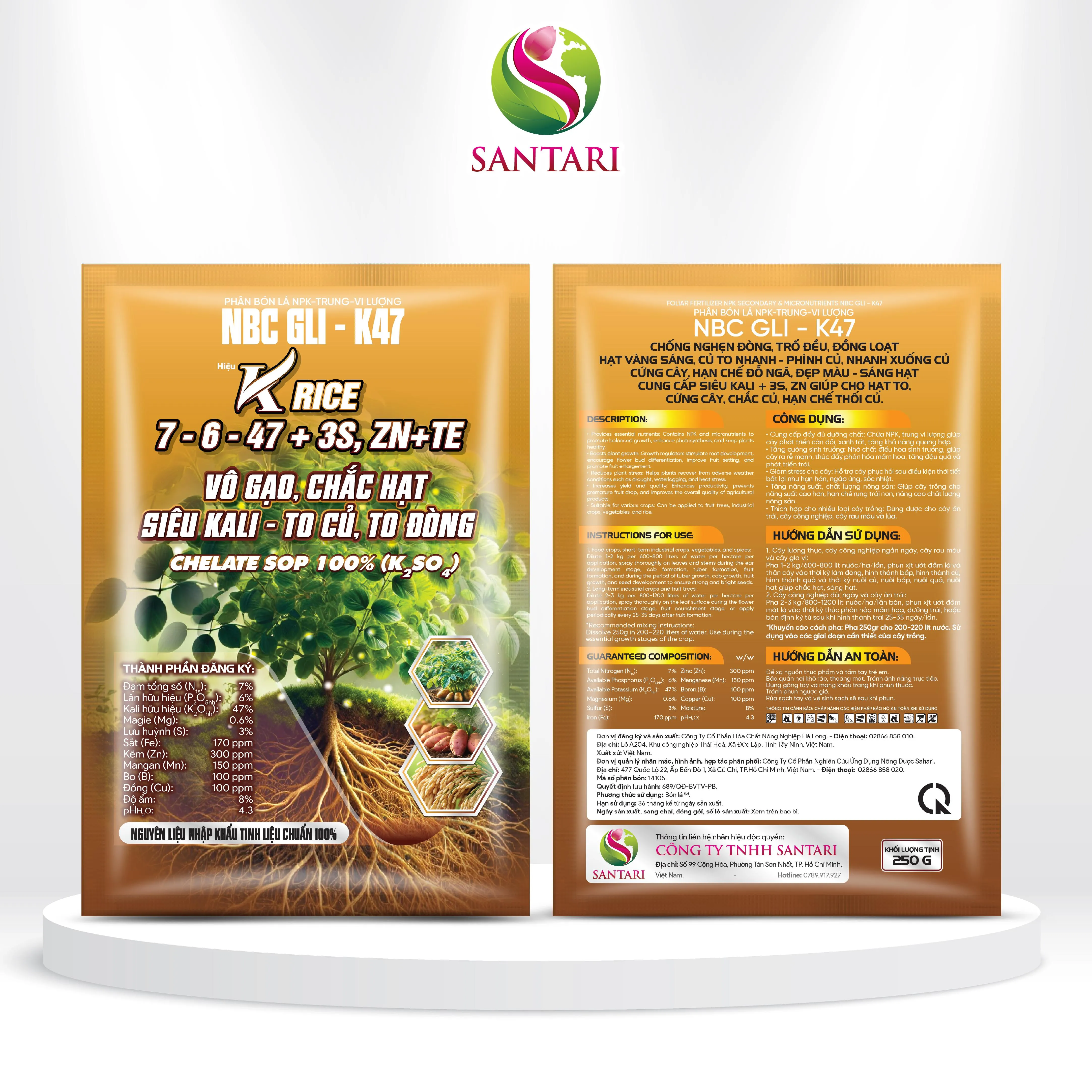 PHÂN BÓN LÁ NPK TRUNG - VI LƯỢNG NBC GLI - K47 HIỆU KRICE 7-6-47 +3S, ZN+TE